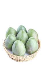 Fresh Green Mangoes in Wicker Basket on White Background - Tropical Fruit Collection