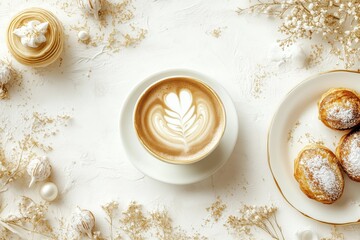 Xícara de café elegante com detalhes dourados, acompanhada de doces e decorações festivas em fundo branco, criada com IA generativa para um visual sofisticado e convidativo