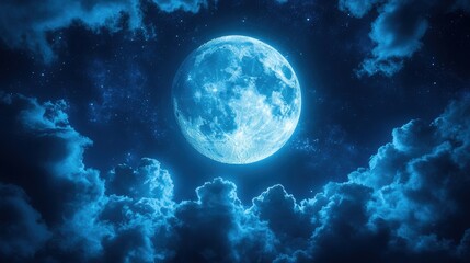 Obraz premium A glowing blue moon shines through dark clouds in a starry night sky, creating a mystical and serene atmosphere.