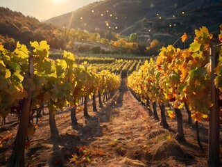 Golden rows of grapevines basking in autumn sunlight at vineyard