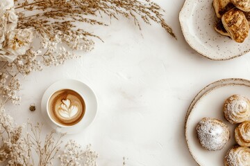 Xícara de café elegante com detalhes dourados, acompanhada de doces e decorações festivas em fundo branco, criada com IA generativa para um visual sofisticado e convidativo