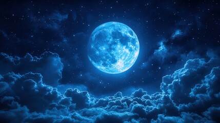 Fototapeta premium A luminous blue moon shines brightly amidst dark clouds and a starry sky, creating a serene and mystical night scene.