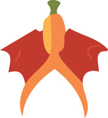 A whimsical illustration of a carrot with red bat-like wings.
