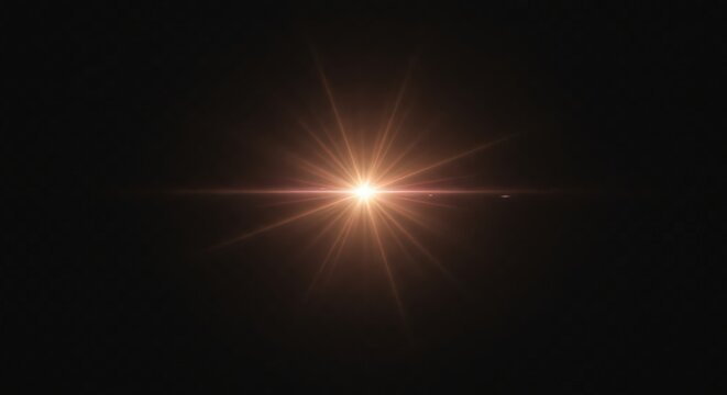 Warm light flare effect with rays and lens flare on black background for overlay design, abstract light effect