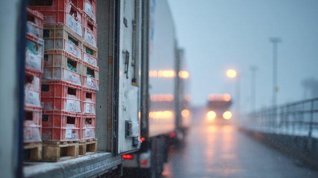 Medium shot of refrigerated truck doors opening main focus on frozen poultry crates stacked inside blurred background emphasizing cold transport environment.