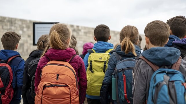 Children on educational field trip observing historical monument with backpacks