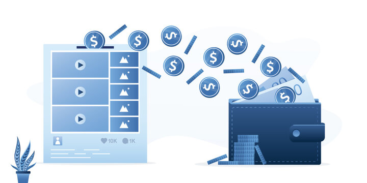 Video and media content monetization. E-commerce, earnings. Money falls into wallet. Mobile business strategy. Video marketing for making of money from video on website.