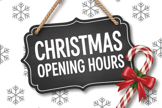 Black chalkboard sign with Christmas opening hours text and candy cane image