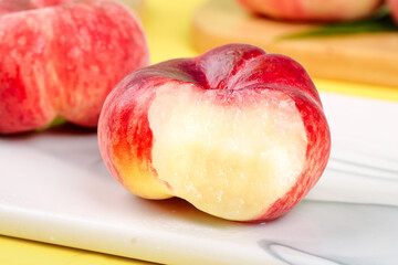Fresh Shaanxi Flat Peaches Red Yellow Fruit on Cutting Board Kitchen Food Photography