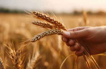 close up of a left hand gently holding ripe wheat ears in a golden field during autumn harvest, the warm sunlight captures the season of farming and agriculture symbolizing growth, food and tradition