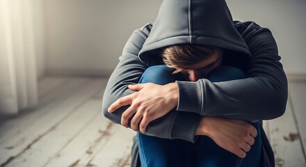 Fototapeta premium Lonely boy sitting with head down in hoodie 