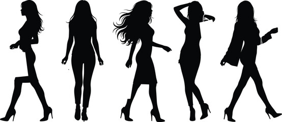 Silhouettes of fashionable women walking and posing in high heels with different hairstyles and outfits, perfect for style and fashion design.