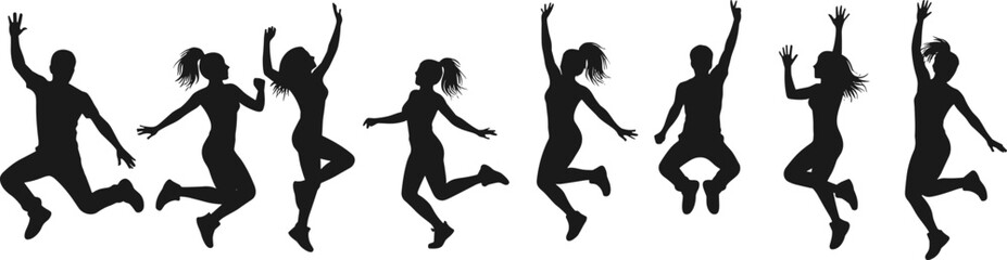 Silhouettes of joyful group jumping high in air, expressing happiness, energy, celebration, freedom, motion, active lifestyle, togetherness, fun, exercise.