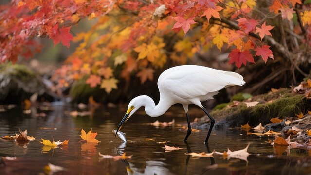 Egret Catching Fish by Autumn Stream