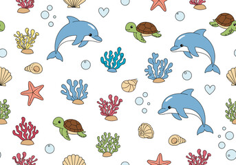 Fototapeta premium Charming underwater scene with dolphins sea turtles and corals seamless pattern design
