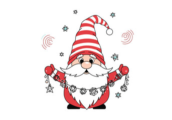 Charming santa claus gnome wearing striped hat holding sparkly christmas garland decoration with festive stars