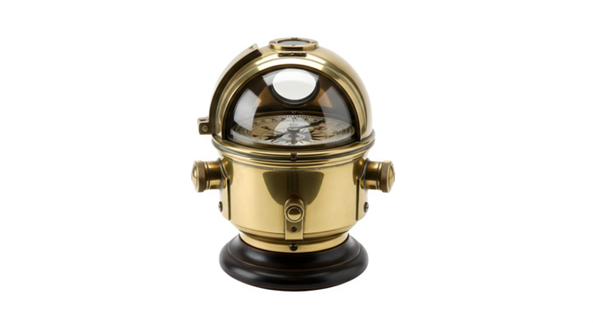 Vintage brass binnacle compass isolated on transparent background, a classic nautical navigation instrument for ships and boats, maritime history and exploration