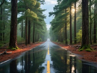 Obraz premium Reflective Road in Forest After Rain