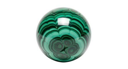 Malachite sphere isolated on transparent background, a captivating gemstone showcasing vibrant green bands and patterns, symbolizing transformation, healing, and protection