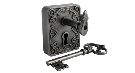Antique iron lock with key isolated on transparent background, a vintage symbol of security, privacy, and protection with intricate details and craftsmanship