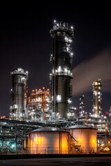 A large industrial refinery operates under night skies, with towering structures and lights reflecting on storage tanks, showcasing energy production activities in progress