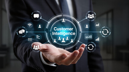 Business professional holds holographic display showcasing customer intelligence, surrounded by various icons representing data analysis, communication, and technology. image conveys innovation