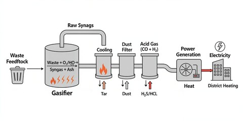 Waste-to-energy gasification process illustration. Diagram of syngas production from municipal solid waste, showing stages of power generation and district heating. Eco-friendly renewable energy.