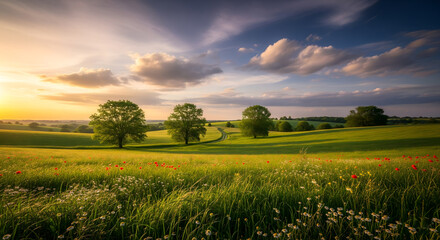Obraz premium Pastoral landscape with rolling green hills and wildflowers