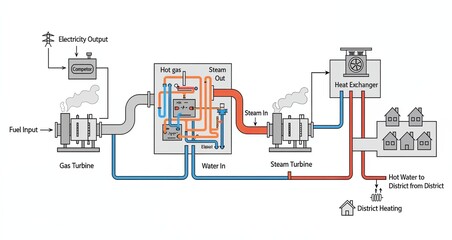 Technical diagram of a combined heat and power (CHP) or cogeneration plant, illustrating the process of producing both electricity and useful heat from a single fuel source.