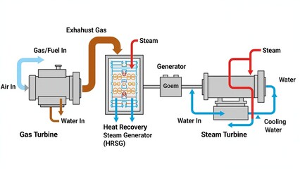 Technical diagram illustrating a combined cycle gas turbine (CCGT) power plant. It shows the process of generating electricity using both a gas turbine and a steam turbine for maximum efficiency.