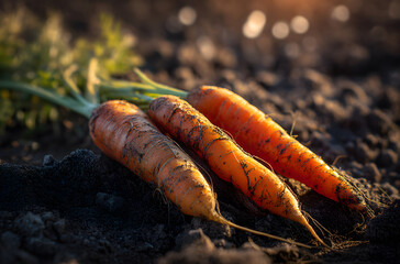 three fresh carrots lying flat on soil illuminated by natural sunlight with blurred green oak background, capturing vibrant orange color, organic farming, healthy nutrition rustic harvest atmosphere