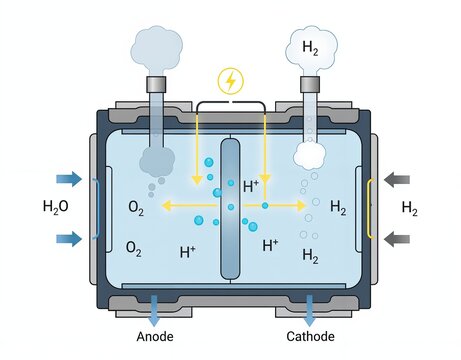 A schematic diagram of a PEM water electrolyzer for green hydrogen production. This illustration shows the process of splitting water molecules into hydrogen and oxygen using electricity