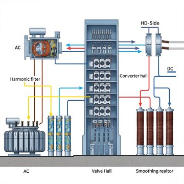 A schematic diagram of a high-voltage direct current (HVDC) converter station. The illustration shows the process of converting high-voltage AC power to DC