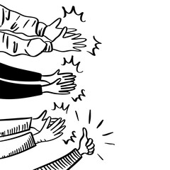 Black and white sketch illustration of multiple hands clapping and giving a thumbs up. Concept of appreciation, success, support, teamwork, encouragement, and positive feedback in line art style.