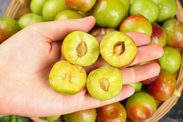 Hand Holding Cut Green Plums Revealing Yellow Flesh Over Fruit Basket