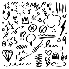 collection of hand drawn doodle elements including arrows, hearts, stars, speech bubbles, scribbles, and abstract shapes. 