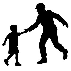 Heroic figure reaches out to child silhouette
