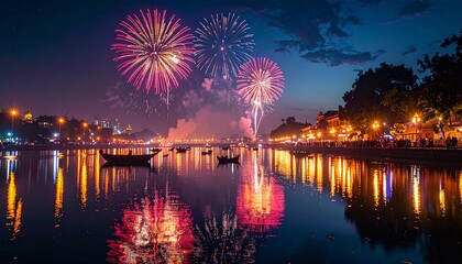 Fireworks Reflecting in Tranquil Waters at Night background for Diwali