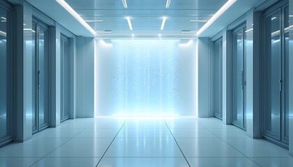 Futuristic bright corridor with glowing blue light at the end