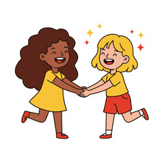 Joyful diverse little girls holding hands, smiling and playing, celebrating friendship and childhood