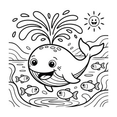 Fototapeta premium A happy whale spouting water surrounded by fish and a smiling sun in a black and white line art illustration