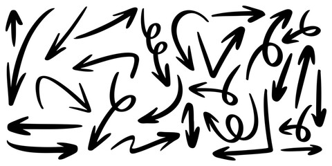 bold set of hand drawn arrows with thick strokes and playful doodle design. Ideal for presentations, creative highlights, infographic elements, web design, and decorative purposes.