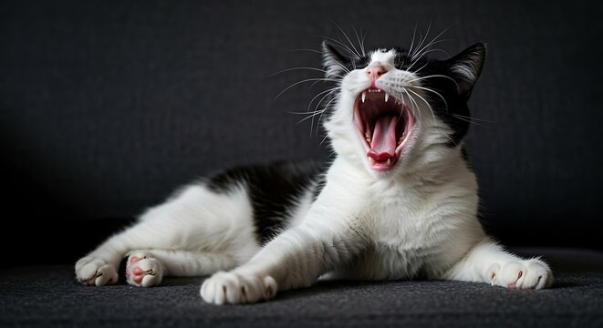 Cute black and white cat yawning widely.