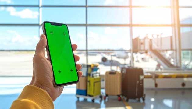 A person holding a smartphone with a green screen in an airport terminal, ready for travel and digital connections