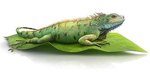 Obraz premium Iguana emoji icon sunbathing on green leaf surface with soft reflections