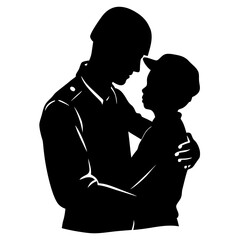 Soldier embraces child in tender silhouette moment
