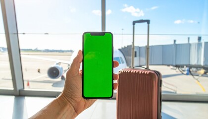 Traveler's digital connection A hand holds a green screen smartphone with an airport, airplane, and suitcase in the background, symbolizing modern journey preparation and communication