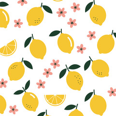 Cute Lemon and Pink Blossom Seamless Pattern on White Background