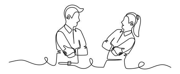 continuous line art of a man and woman in business suits folding their arms across their chests and communicating