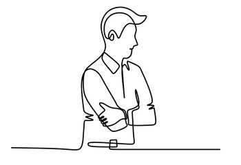 continuous line art of a man in a business suit folding his arms across his chest
